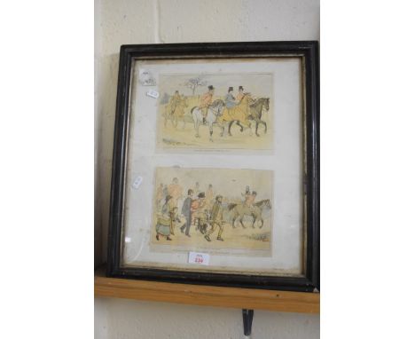 TWO COLOURED HUNTING PRINTS IN ONE FRAME "THE RIVALS" "THE MEETING" AND "THE PARTING", AFTER RANDOLPH CALDECOTT, FRAMED AND G