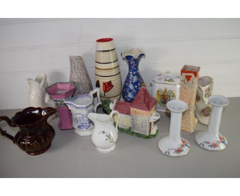 MIXED LOT: VARIOUS VASES, RINGTONS TEA CADDY, FLORAL DECORATED CANDLESTICKS ETC