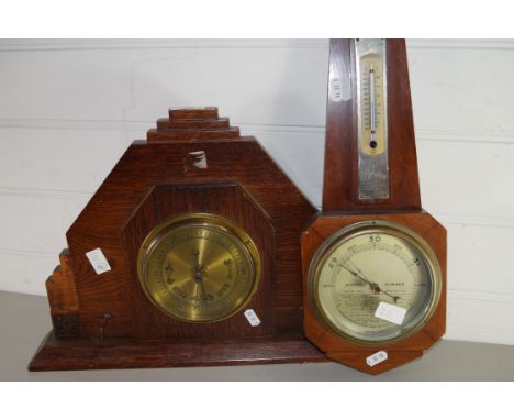 EARLY 20TH CENTURY ANEROID BAROMETER IN OAK WALL MOUNTING FRAME, TOGETHER WITH ANOTHER ANEROID BAROMETER AND THERMOMETER COMB