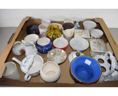 ONE BOX MIXED CERAMICS AND GLASS WARES TO INCLUDE BLUE AND WHITE FEEDING CUP, POOLE POTTERY JUG, EGG STAND