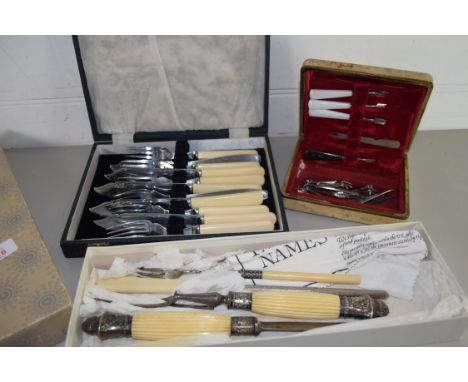 BOX CONTAINING CARVING KNIFE AND FORK PLUS FURTHER PICKLE FORK AND SHARPENING STEEL, TOGETHER WITH BOX VARIOUS FISH CUTLERY A