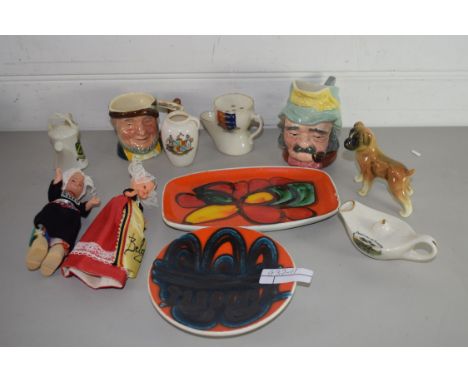 BOX MIXED CERAMICS TO INCLUDE POOLE POTTERY PIN DISHES, CRESTED CHINA WARES, CHARACTER JUGS, GERMAN MODEL OF A PUPPY AND SOME