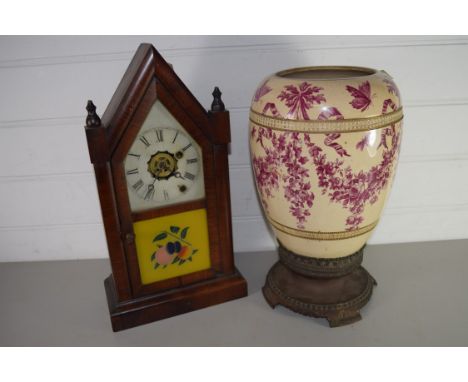MIXED LOT: VINTAGE ANSONIA WALL CLOCK TOGETHER WITH A VICTORIAN FLORAL DECORATED CERAMIC FORMER OIL LAMP BASE