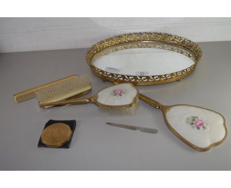 DRESSING TABLE MIRROR AND BRUSH SET, AN OVAL MIRRORED TRAY AND A STRATTON POWDER COMPACT