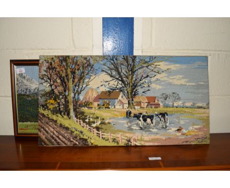 TWO TAPESTRY PICTURES, ONE OF WHICH IS FRAMED