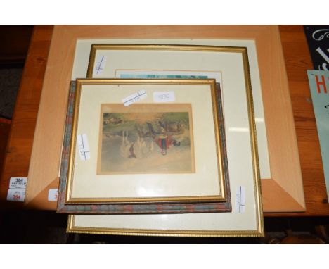 MIXED LOT: DAVID MILLER, COLOURED PRINT OF A TROUT, SIGNED IN PENCIL, TOGETHER WITH A FURTHER 19TH CENTURY HUNTING PRINT AND 