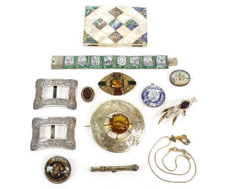 A selection of mainly antique jewellery items, including a pair of engraved Scottish show buckles, a gem set claw brooch, and
