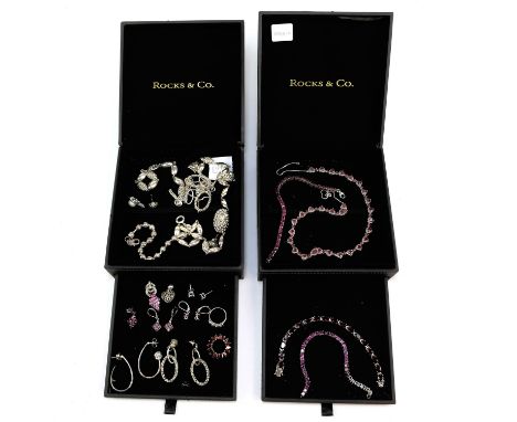 A collection of mainly silver jewellery including a gem set ring, six pairs of earrings, four pendants, four bracelets and tw
