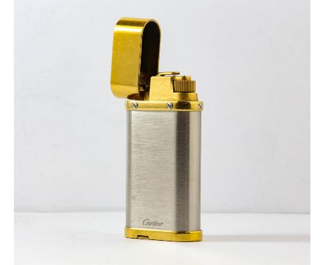 Cartier Santos lighter, two tone lighter with tested 18 ct lid and base, and stainless steel body with brushed effect, number