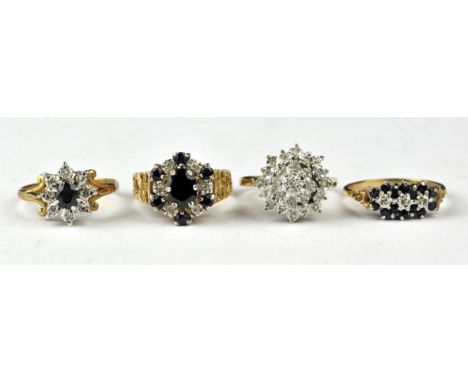 Four gem set rings, including a sapphire and diamond cluster ring, size N1/2, a sapphire and diamond triple cluster ring, siz