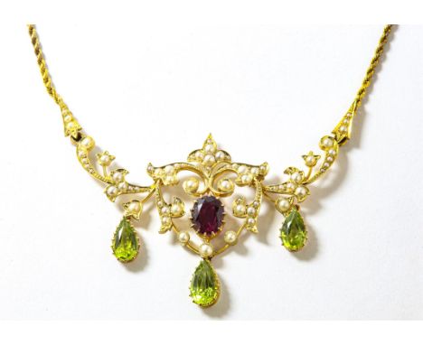 Edwardian necklace, centrally set with an oval cut ruby, estimated weight 1.71 carats, surrounded by an openwork seed pearl s