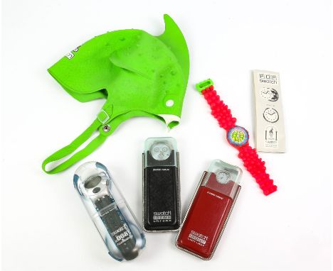 Swatch, YQS1001 Webstream green, YCS408G Irony Chrono Wheeling, YSS109M Irony Libertine, Monsta SDZ101, watch and swim cap wi
