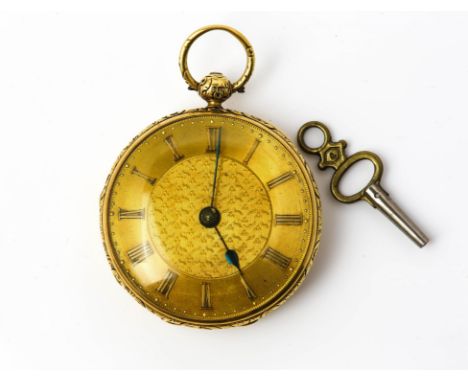 Victorian open faced pocket watch, gilt dial with Roman numerals and minute track, unsigned mechanical movement, in an 18 ct 