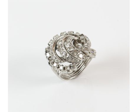 Diamond cluster ring, swirl design set with single cut diamonds, on a multi row band, in tested platinum, ring size F, head m