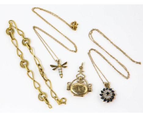 A group of gold items, including opal set dragonfly pendant, in 9 ct, on a belcher link chain, stamped 14 ct, a sapphire and 