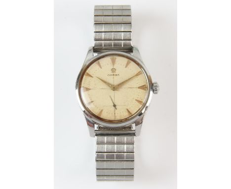 Omega A reference 2383-6 stainless steel gentleman's wristwatch, signed honeycomb dial with gold dagger hour markers and subs