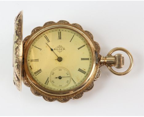 A full hunter pocket watch by Elgin, 41mm case, featuring an engraved floral design to both sides, with a central bird on one