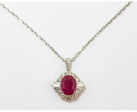 Modern ruby and diamond pedant, central oval cut ruby weighing an estimated 2.02 carats, with a halo of round brilliant, bagu