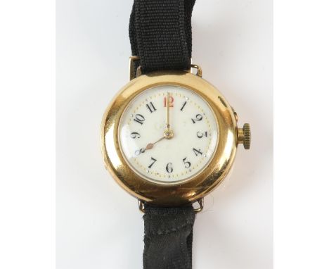Le Roys et Fils. An 18 carat gold wristwatch, the white unsigned enamel dial with Arabic numeral hour markers within a bead m