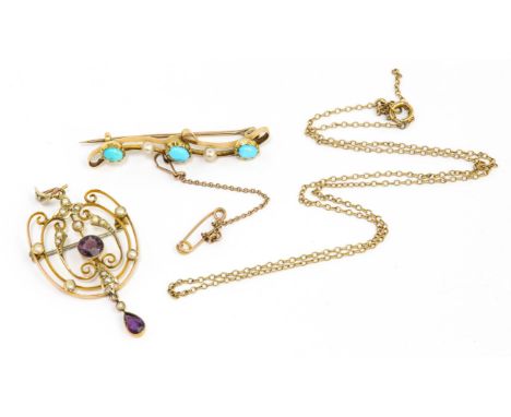 Edwardian amethyst and seep pearl openwork pendant brooch, with central round amethyst and a pear cut amethyst drop, estimate