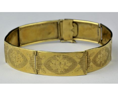 A gold panel bracelet, with seven panels, each with the same floral engraved floral detail, stamped 585 for 14 ct, with a box