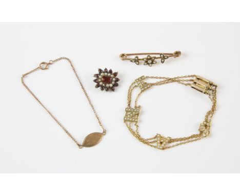 Edwardian seed pearl Jane bracelet, seed pearl set letters spelling 'JANE' on a three strand chain bracelet with a box clasp,