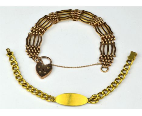 Two gold bracelets, including a five row gate bracelet with a heart padlock clasp, length 21cm, and an ID bracelet, with an o