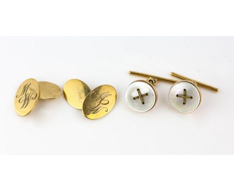 Two pairs of cufflinks, one pair set with button design mother of pearl, the other oval engraved with initials MW, both mount