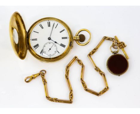 A half hunter pocket watch and chain, 52mm case featuring a white, unsigned dial, with subsidiary seconds dial, and Thomas Ru