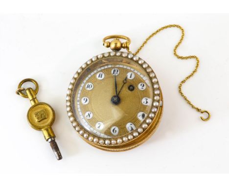 Pearl pocket watch, 35mm case, with gold toned dial, railway minute track and Arabic hour markers, with a key wound movement,