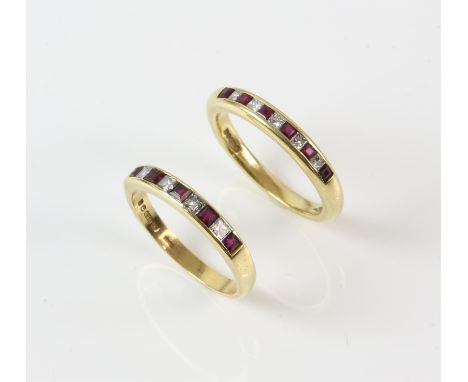 Two diamond and ruby half eternity rings, intermittently set with square cut rubies and square cut diamonds, in 18ct yellow g