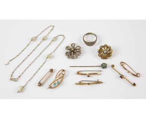 A collection of jewellery including six bar brooches, a seed pearl floral brooch, a pearl spiral brooch, a pearl set bale and