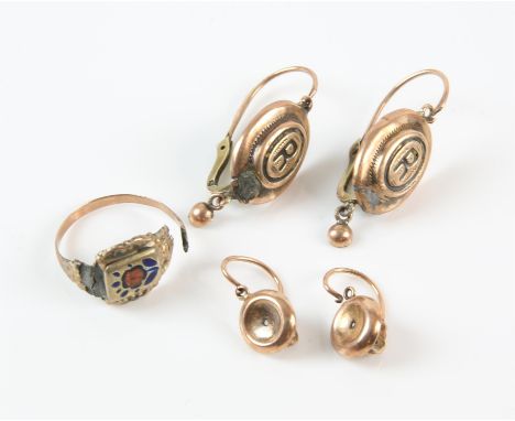 Two pairs of earrings, one pair oval with 'R' to the centre, the other circular, both with hook fittings for pierced ears, to