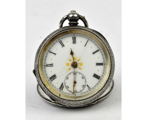 Dent a silver open face pocket watch the unsigned white enamel dial with Roman numeral hour markers, subsidiary seconds dial,