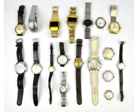 Eighteen wristwatches, including a 35mm Omega watch, with baton and Arabic numerals, with a manual wind movement, a ladies 22