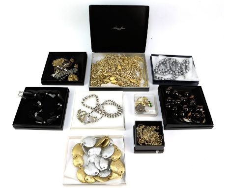 Selection of costume jewellery, including gold toned chain necklaces, gold toned bracelets, faux pearl necklaces, beaded neck