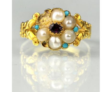 Mid 19th century pearl, garnet and turquoise ring, mounted in 18 ct yellow gold, engraved detail shoulders, ring size GCondit