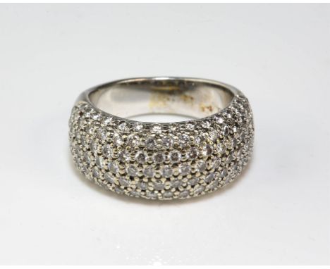 Pavé set diamond ring, 10mm band with seven rows of round brilliant diamonds to half the band, estimated total diamond weight