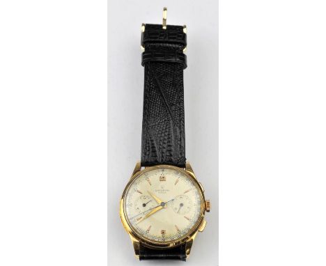 Universal Geneve a gentleman's gold chronograph wristwatch, the signed dial with baton and Arabic numeral hour markers, two s