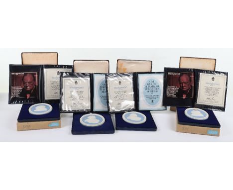 Wedgwood blue and white Jasper portrait medallions, two Churchill and two Queen Mother, all cased, (4)