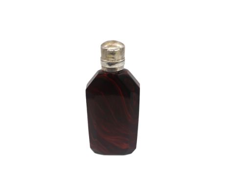 A 19th century ruby cut glass scent bottle, of marbleised or lithylin style design, mounted with a hinged white metal top, an