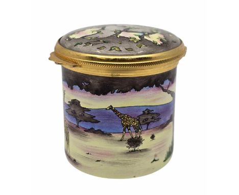 A rare Moorcroft Enamel Giraffe design pill/ trinket pot. "Samburu" Designed by Anji Davenport.  Initialed FB to base 4.5cm h
