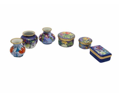 Six Moorcroft Enamels, comprising of three vases and three pill/ trinket boxes. Bittersweet vase - designed by Emma Blossoms 