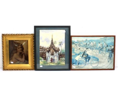 A late 19th Century crystoleum portrait of a lady in a gilt frame along with a watercolour of a Burmese temple and a cycling 