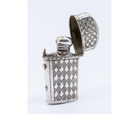 A George III silver scent bottle etui, having crosshatch engine turned decoration and push button opening, revealing a later 