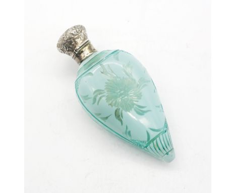 A late 19th century light blue and opaque cut glass scent bottle, of tapering tear shape, with overlaid and cut back flowers 