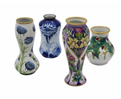 Four Moorcroft Enamel miniature vases. A Golden Jubilee floral decorated vase. Designed by Philip Gibson in 2002. 10.5cm A bl