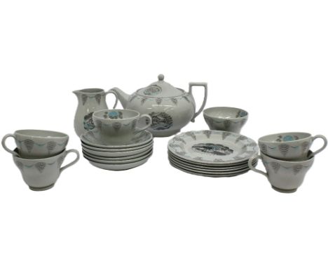 Eric Ravillous designed for Wedgwood; a 'Travel' series part tea service to include; tea pot, milk jug, sugar bowl, five cups