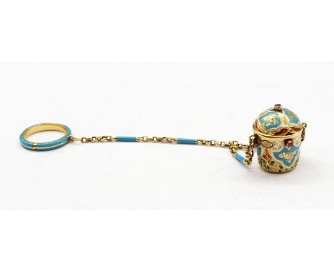 A 19th century enamel and ruby set yellow metal vinaigrette, comprising a squat cylindrical form decorated with turquoise, re