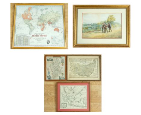 A selection of 19th or 20th century framed maps to include; "The Howard Vincent Map of the British Empire" printed map, frame